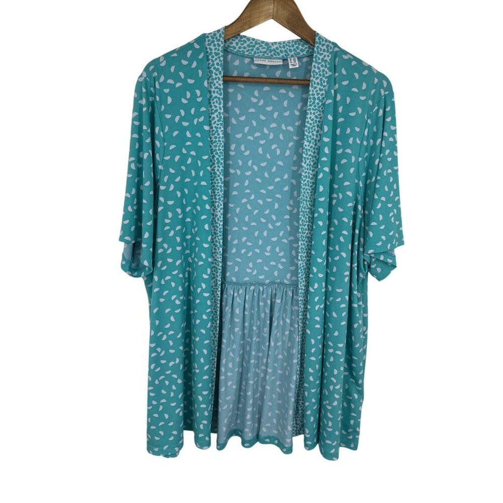 Susan Graver Womens Open Front Teal Cardigan With White Abstract Print Size 2X